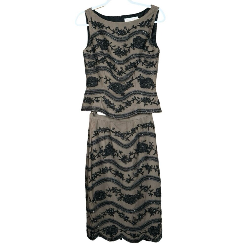 Mon Cheri Evening 2-Piece Black Beaded Sleeveless Top & Skirt Set Size 6